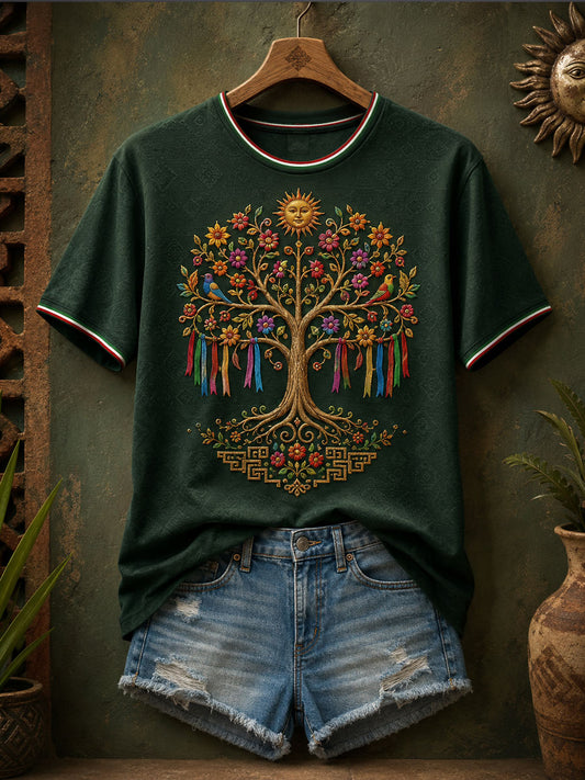 Guelaguetza de México para mujer (camiseta de lino con estampado del Árbol de la Vida)