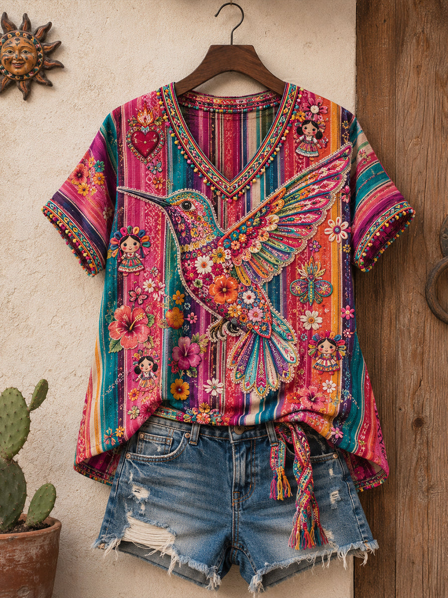 Camiseta estampada con arte de colibrí y Guelaguetza mexicana para mujer
