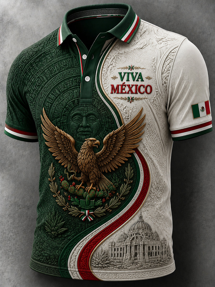 Polo casual de manga corta con estampado del Día de la Independencia de México para hombre