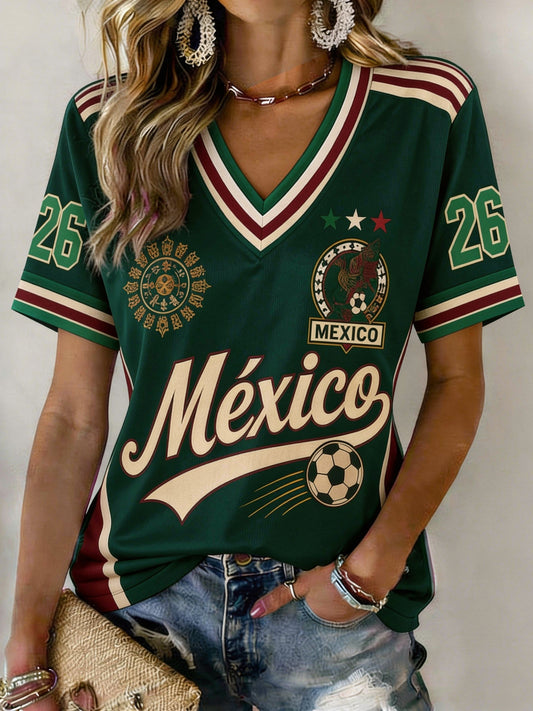 Camiseta informal de manga corta para mujer con estampado de fútbol mexicano