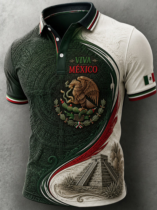 Polo casual de manga corta con estampado del Día de la Independencia de México para hombre