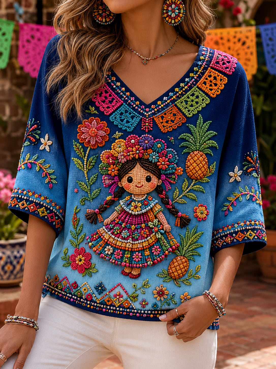 Camiseta de cuello en V con impresión artística conmemorativa del Festival Mexicano de la Galacacha Femenina