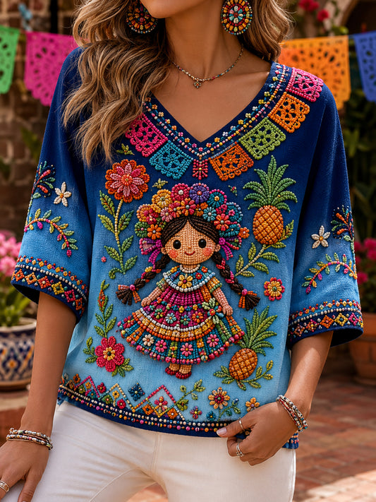 Camiseta de cuello en V con impresión artística conmemorativa del Festival Mexicano de la Galacacha Femenina