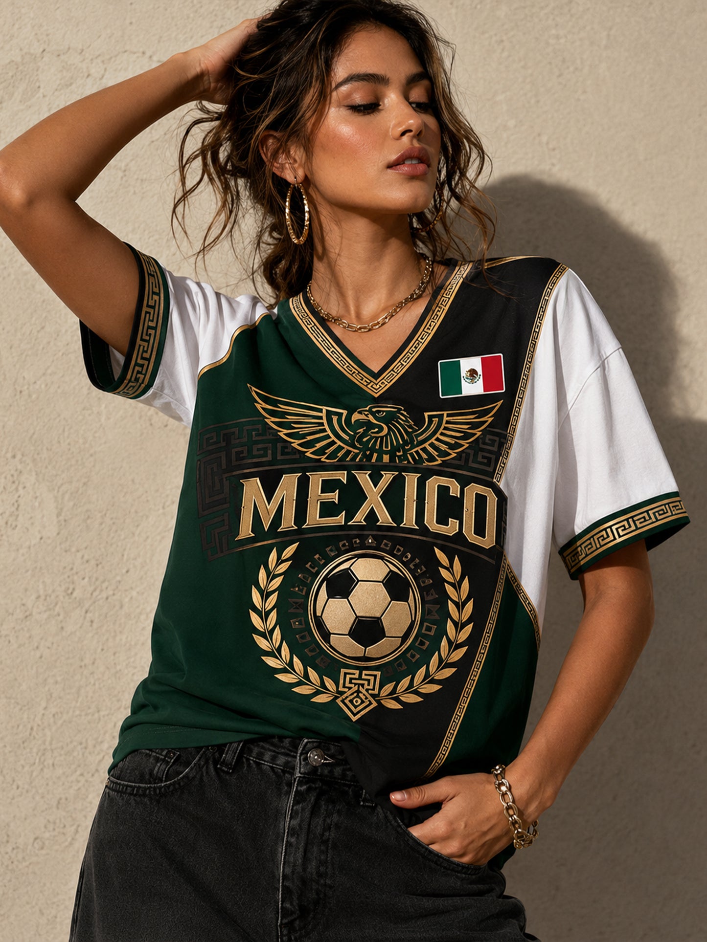 Camiseta con estampado artístico para animar, de temática futbolística mexicana, para mujer
