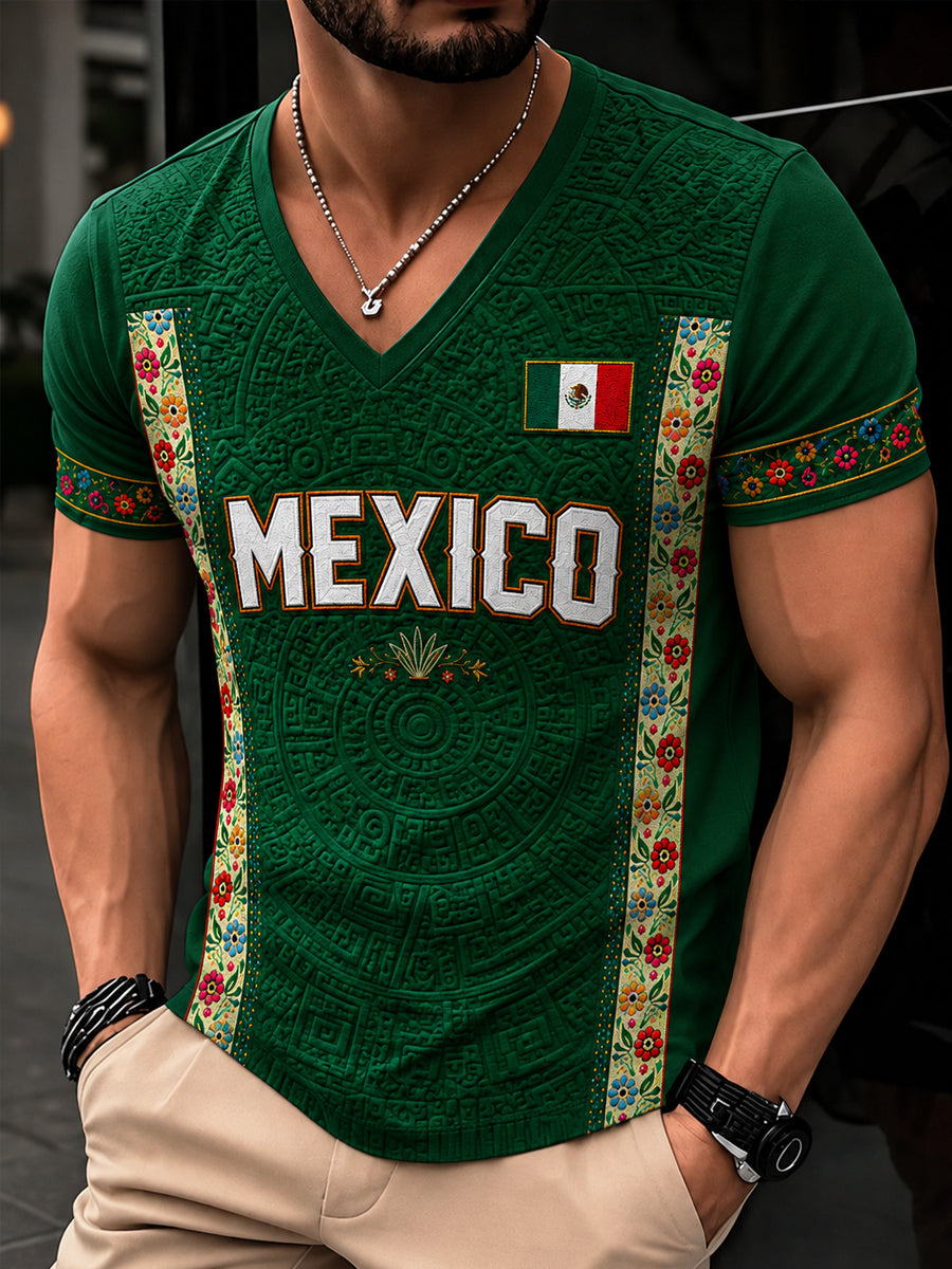 Camiseta de manga corta con cuello en V y estampado de amante mexicano para hombre