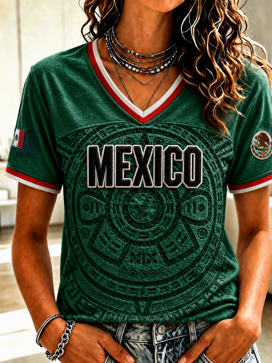 Camiseta de manga corta con cuello en V y estampado de amor a México para mujer