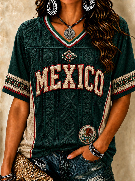 Camiseta de manga corta con cuello en V y estampado de amor a México para mujer
