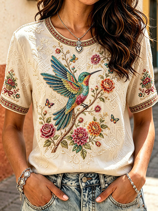 Camiseta estampada con arte de colibrí y Guelaguetza mexicana para mujer