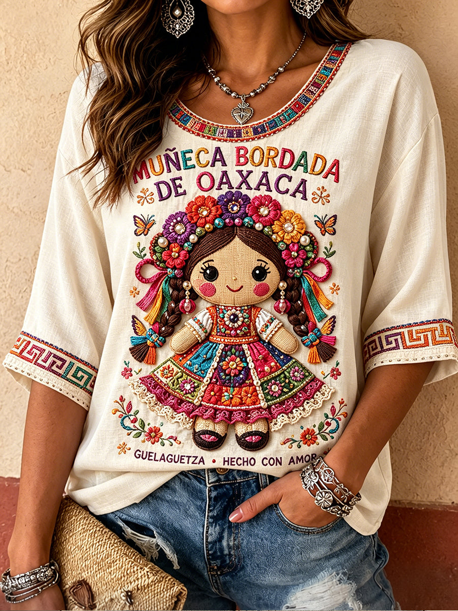 Tops de lino estampados México Guelaguetza Lele Doll Art para mujer