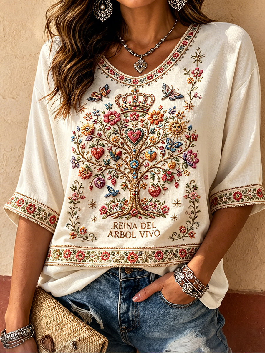 Tops de lino con estampado Art Guelaguetza de mujer