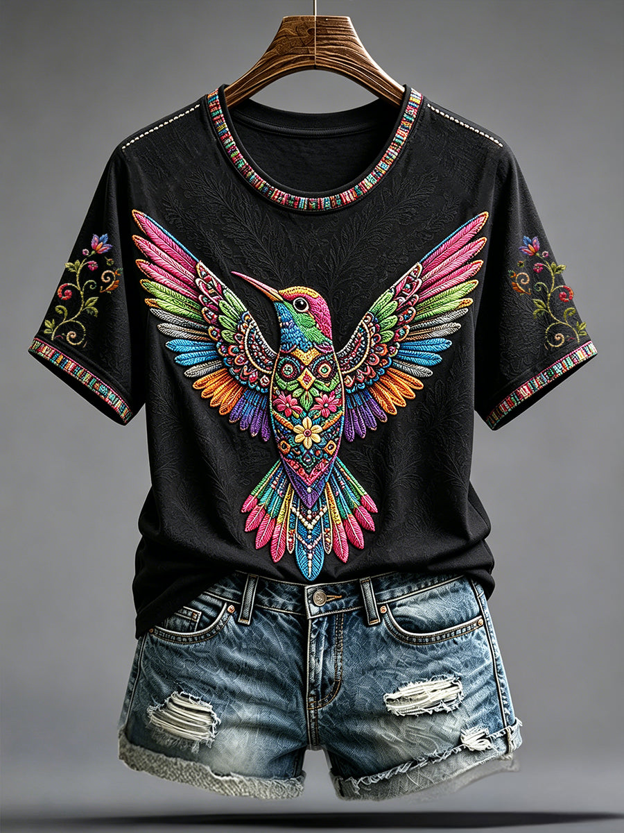 Camiseta estampada con arte de colibrí y Guelaguetza mexicana para mujer