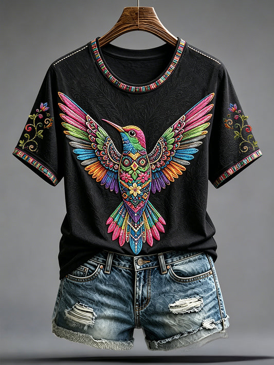 Camiseta estampada con arte de colibrí y Guelaguetza mexicana para mujer