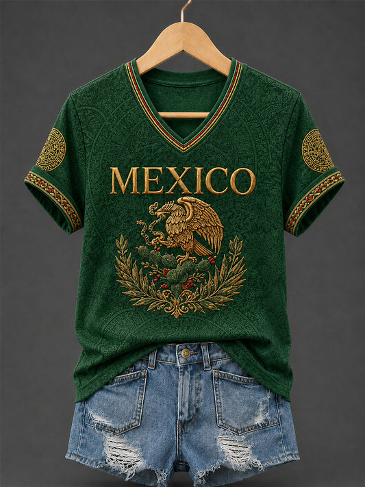 Camiseta con cuello en V estampada Mexican Pride para mujer