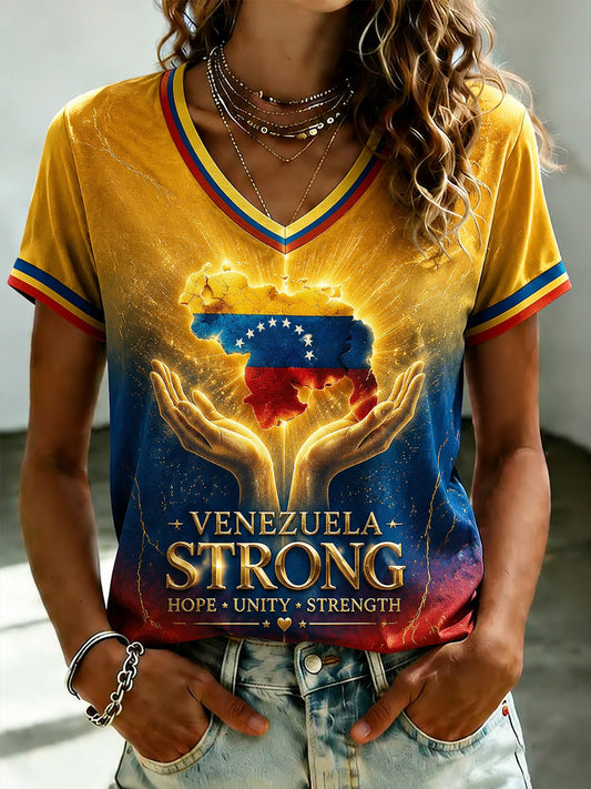Camiseta con cuello en V estampada de VENEZUELA para mujer