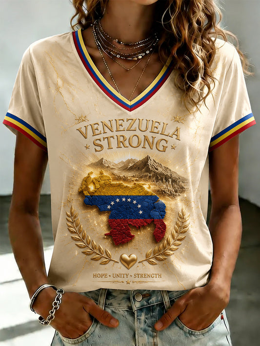 Camiseta con cuello en V estampada de VENEZUELA para mujer