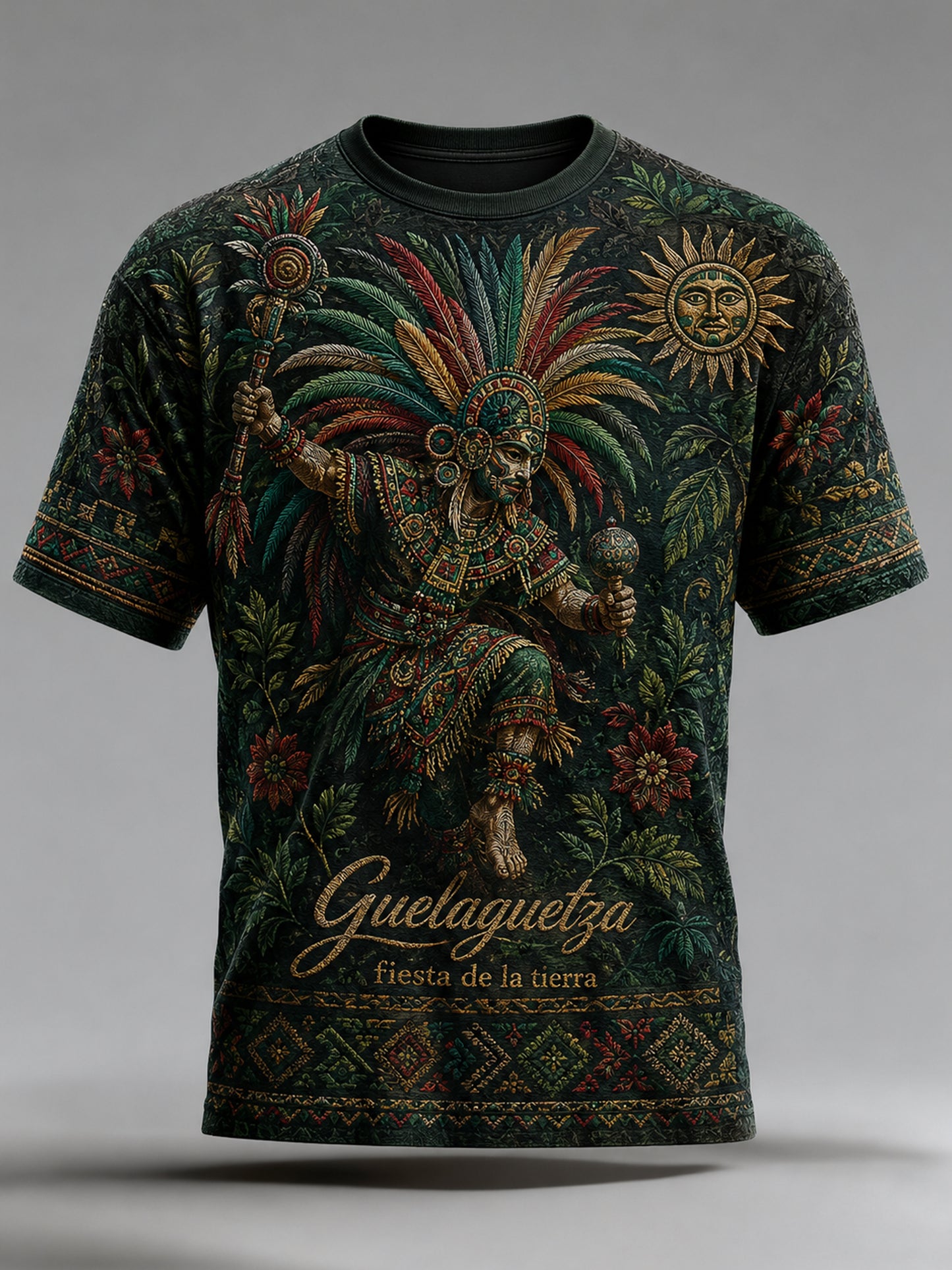 Camiseta con estampado artístico de elementos culturales del Festival Gaelaga Gala Mexicana para hombre
