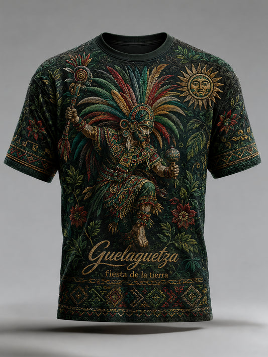 Camiseta con estampado artístico de elementos culturales del Festival Gaelaga Gala Mexicana para hombre