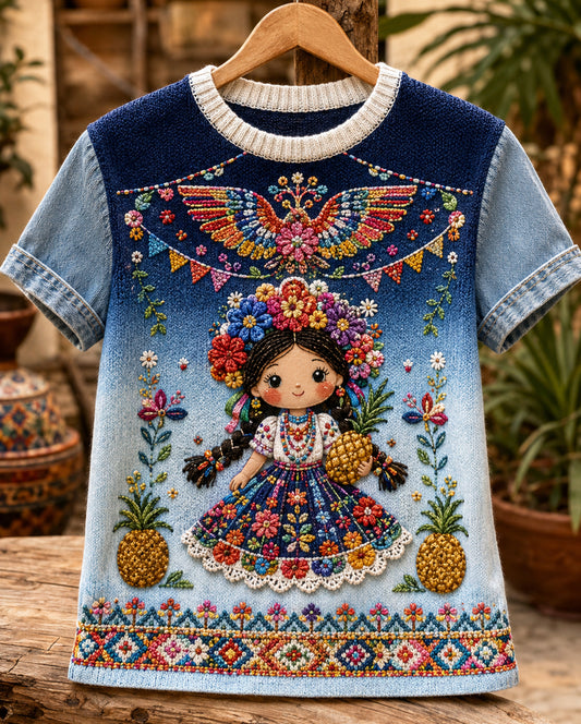 Top con estampado artístico de elementos culturales del Festival Gaycha, Gala Mexicana Femenina