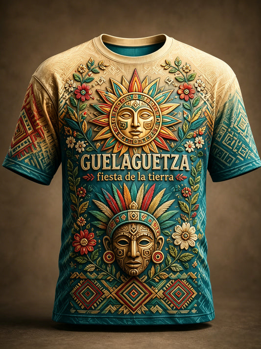 Camiseta con estampado artístico de elementos culturales del Festival de Gala Gaelaga mexicano para hombre