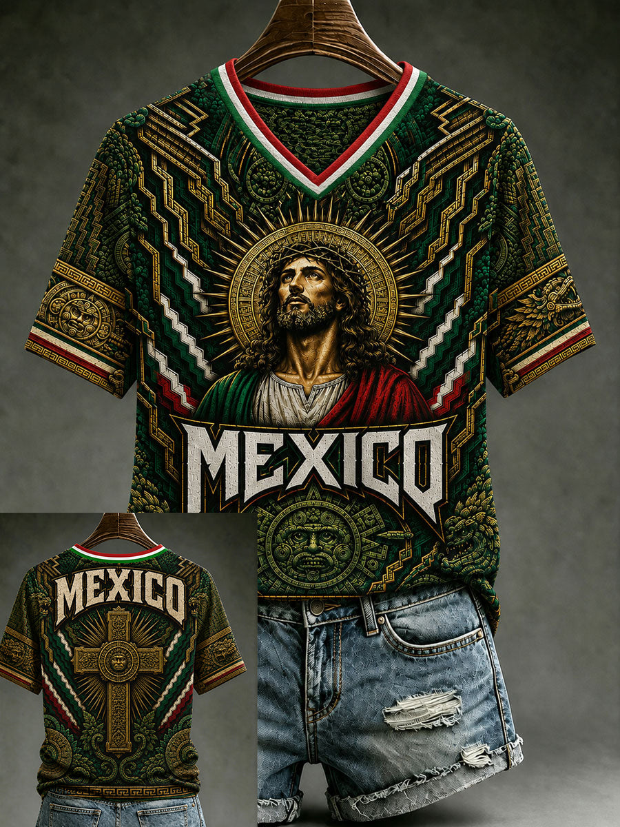 Camiseta de manga corta con cuello en V y estampado de amor a México para mujer