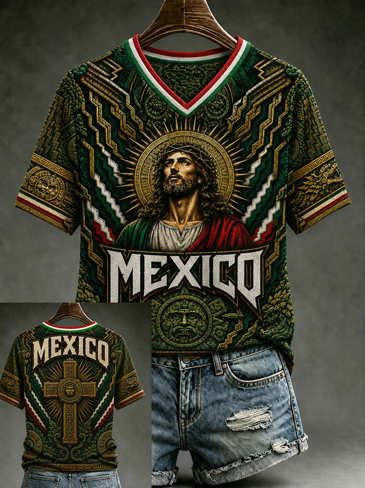 Camiseta de manga corta con cuello en V y estampado de amor a México para mujer