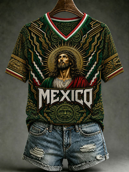 Camiseta de manga corta con cuello en V y estampado de amor a México para mujer