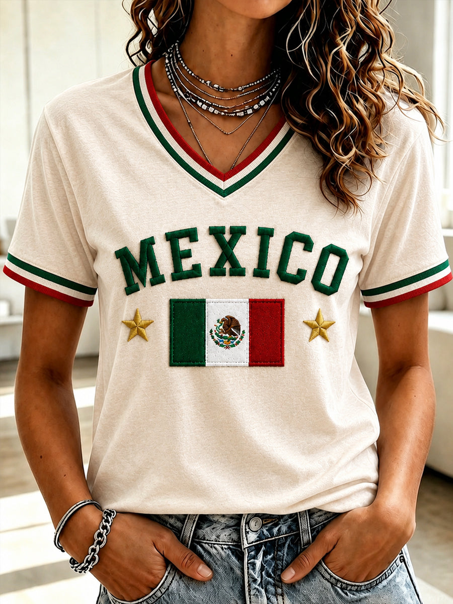 Camiseta de manga corta con cuello en V y estampado de amor a México para mujer