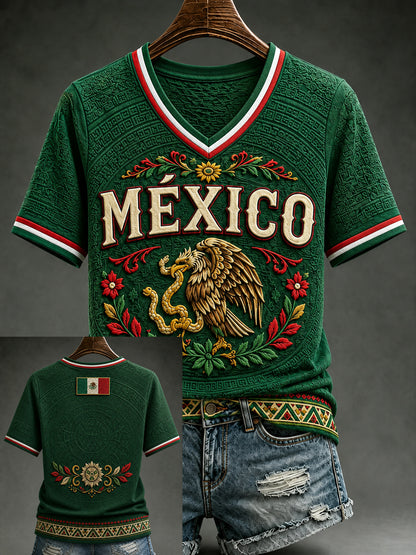 Camiseta de manga corta con cuello en V y estampado de amor a México para mujer