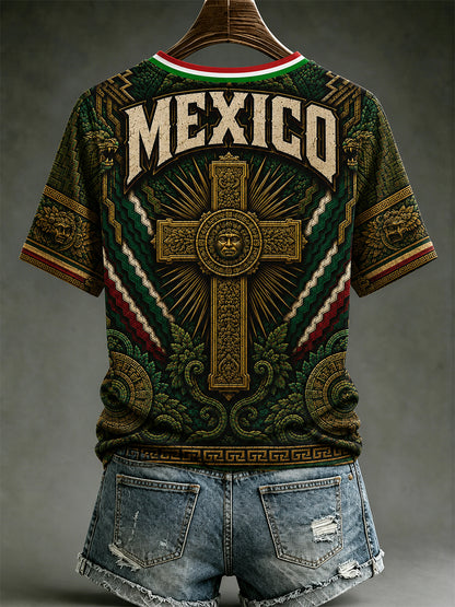 Camiseta de manga corta con cuello en V y estampado de amor a México para mujer