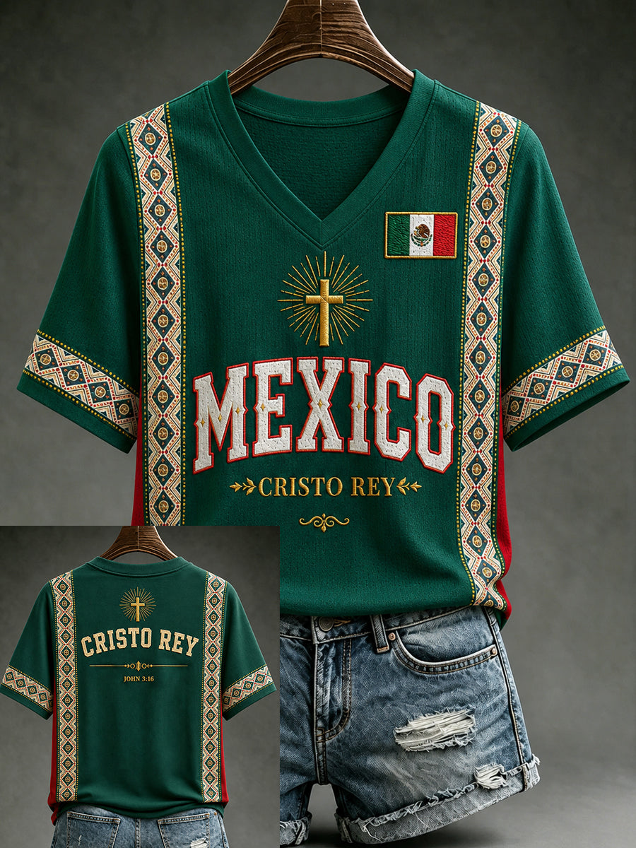 Camiseta de manga corta con cuello en V y estampado de amor a México para mujer