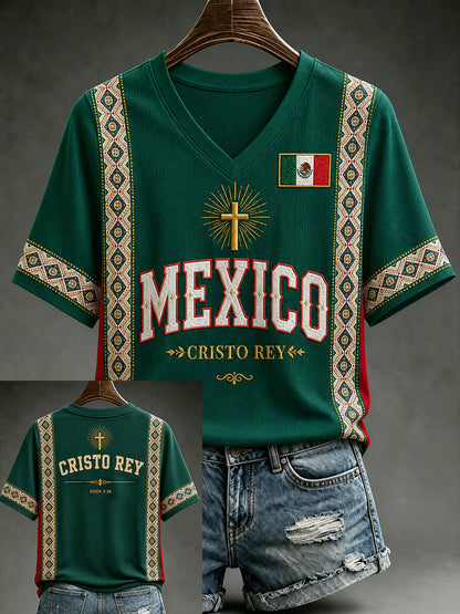 Camiseta de manga corta con cuello en V y estampado de amor a México para mujer