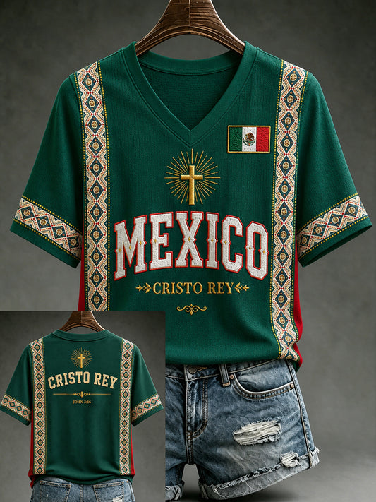 Camiseta de manga corta con cuello en V y estampado de amor a México para mujer