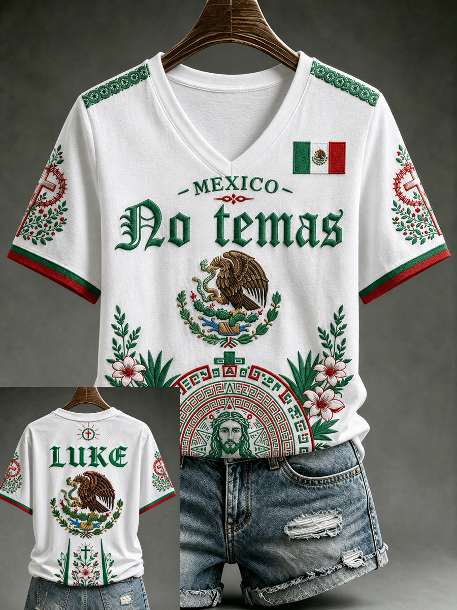 Camiseta de manga corta con cuello en V y estampado de amor a México para mujer