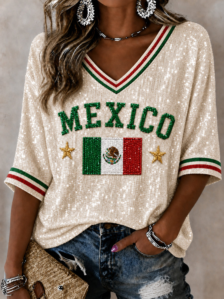 Camiseta con cuello en V México Lover Art Mid-length Sleeves para mujer