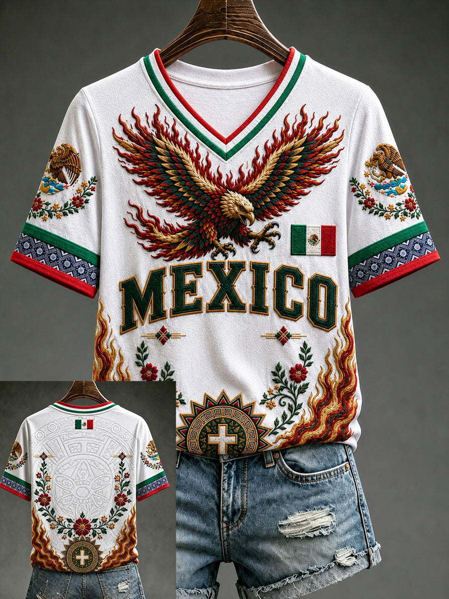 Camiseta de manga corta con cuello en V y estampado de amor a México para mujer