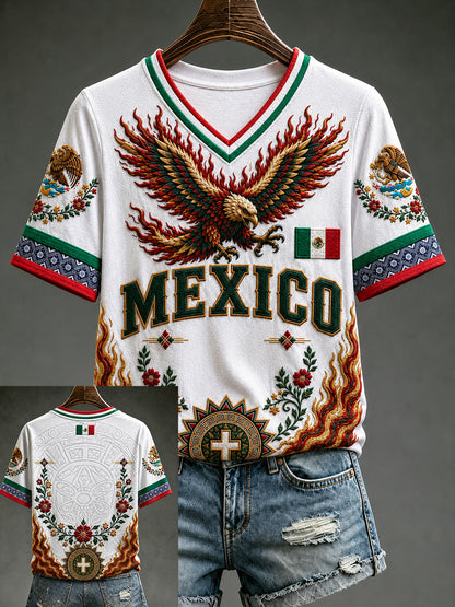Camiseta de manga corta con cuello en V y estampado de amor a México para mujer
