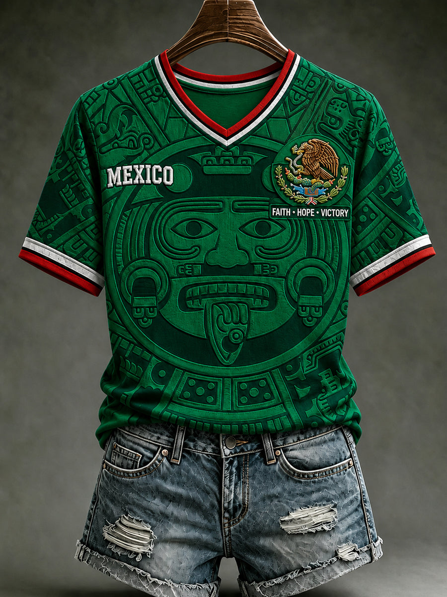 Camiseta de manga corta con cuello en V y estampado de amor a México para mujer