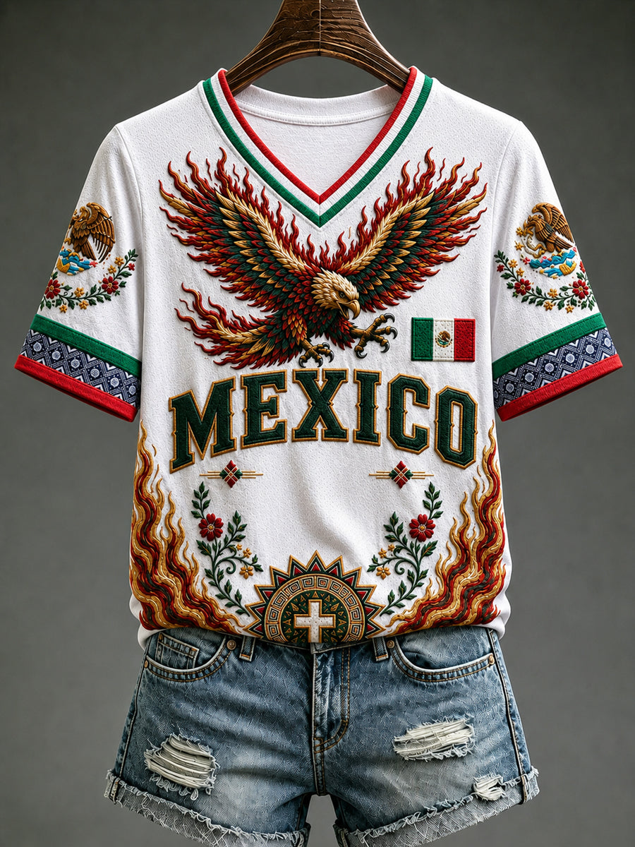 Camiseta de manga corta con cuello en V y estampado de amor a México para mujer