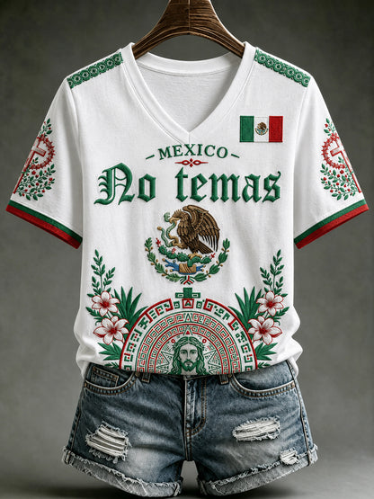 Camiseta de manga corta con cuello en V y estampado de amor a México para mujer