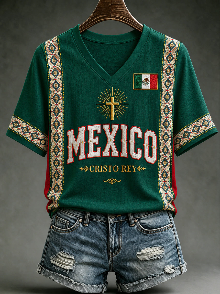 Camiseta de manga corta con cuello en V y estampado de amor a México para mujer