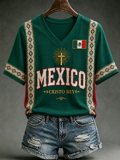 Camiseta de manga corta con cuello en V y estampado de amor a México para mujer