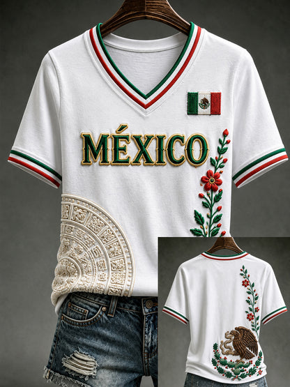 Camiseta de manga corta con cuello en V y estampado de amor a México para mujer