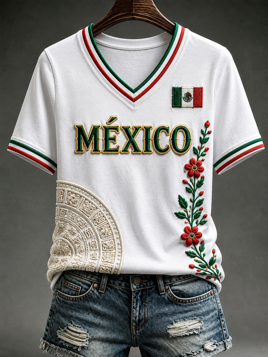 Camiseta de manga corta con cuello en V y estampado de amor a México para mujer