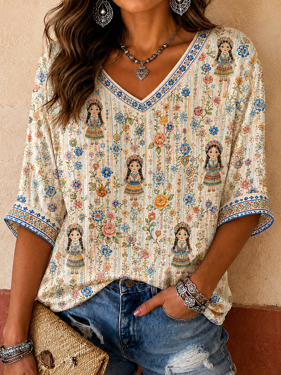 Camiseta estampada con arte de la muñeca Lele mexicana Guelaguetza para mujer