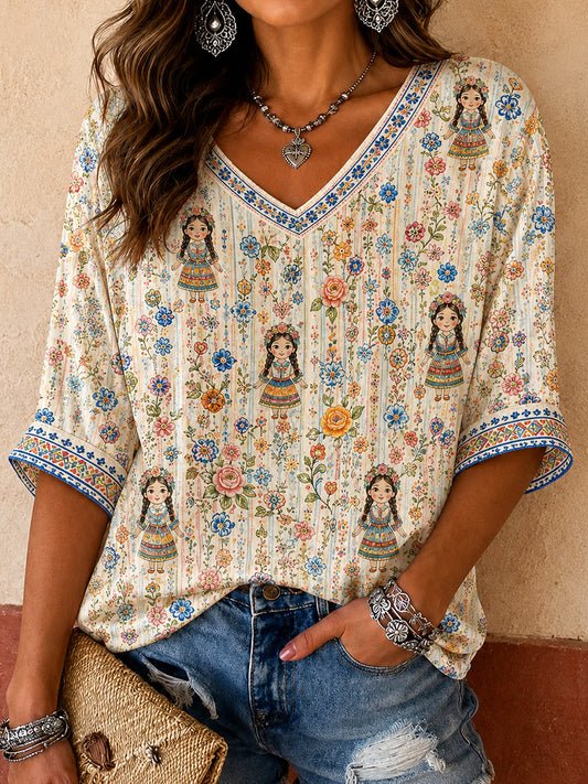 Camiseta estampada con arte de la muñeca Lele mexicana Guelaguetza para mujer