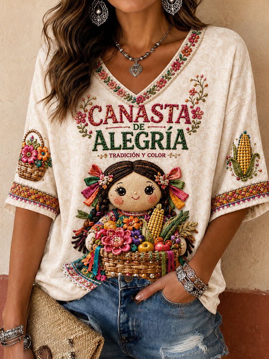 Camiseta estampada con arte de la muñeca Lele mexicana Guelaguetza para mujer