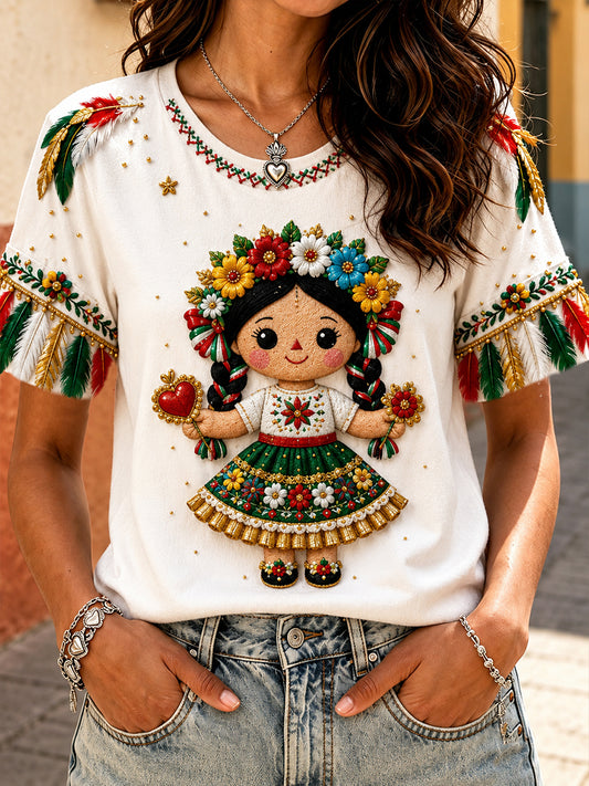 Camiseta estampada con arte de la muñeca Lele mexicana Guelaguetza para mujer