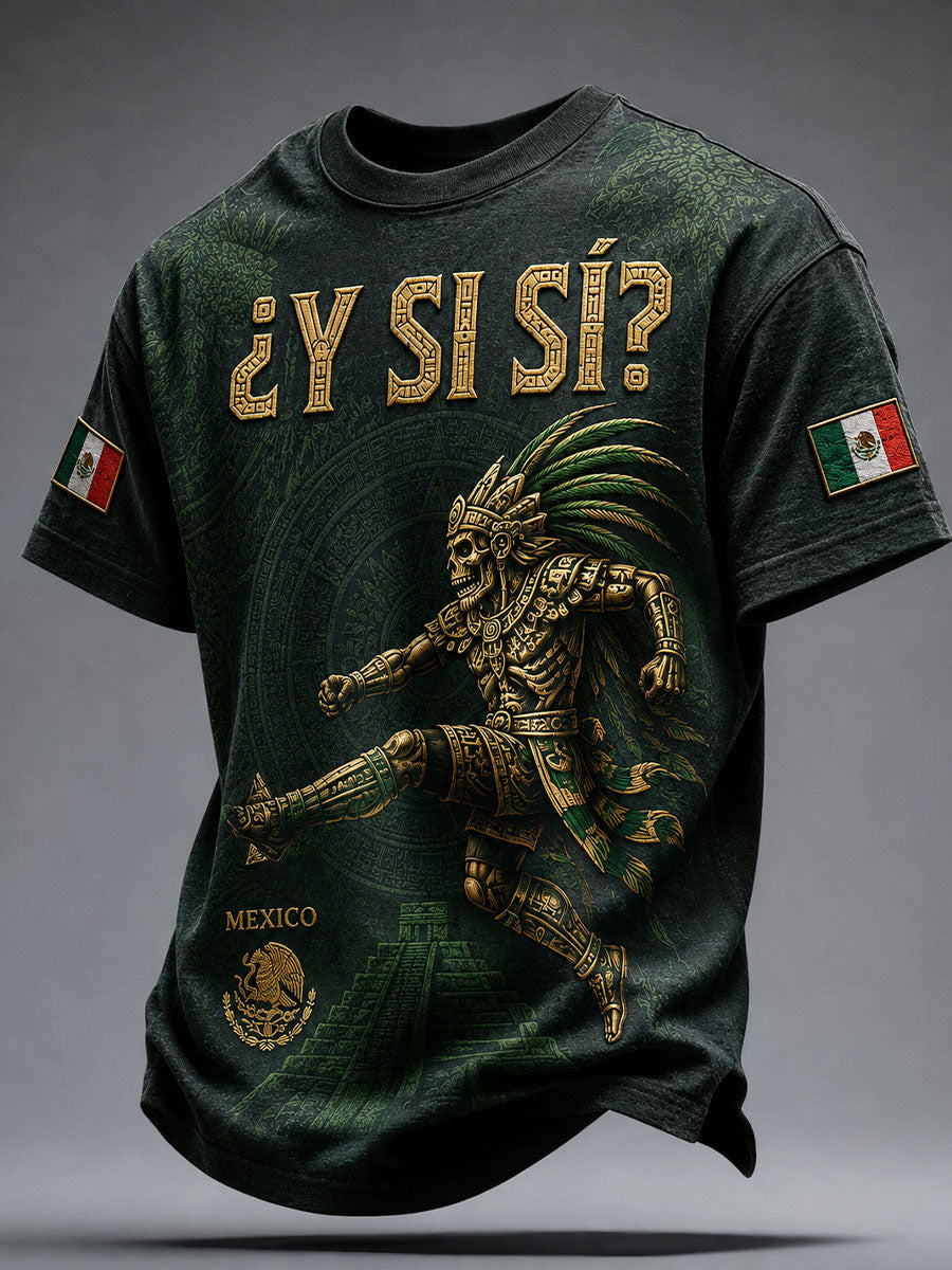 Camiseta estampada para hombres Día de la Independencia con diseño mexicano Yaotl Mictlan ¿Y si sí?