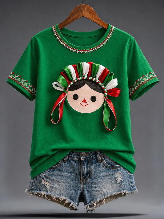 Camiseta estampada con arte de la muñeca Lele mexicana Guelaguetza para mujer