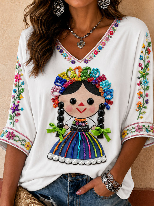 Camiseta estampada con arte de la muñeca Lele mexicana Guelaguetza para mujer